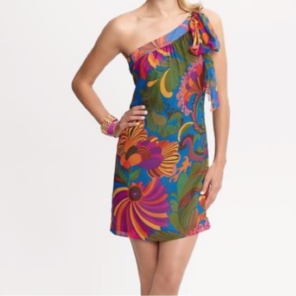Trina Turk One-Shoulder Floral Shift Dress in Blue, Green, Pink, Orange